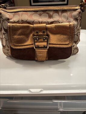 Coach Metallic Bronze Signature Shoulder Bag with Brown Suede Trim
